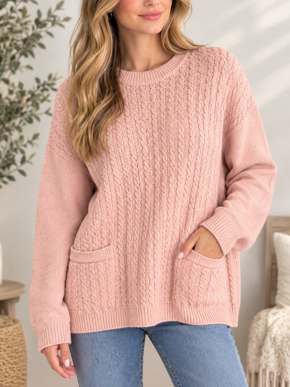 Made in Italy Stylish Women's Cable Knit Sweater - Blush Pink